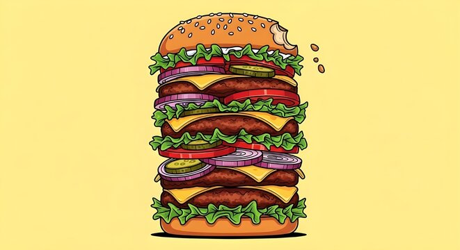 Giant tall stacked hamburger, double cheeseburger, lettuce, tomato, onion, pickles, sesame seed bun, juicy patties, delicious fast food, unhealthy meal, food art, illustration, vibrant colors, isolate