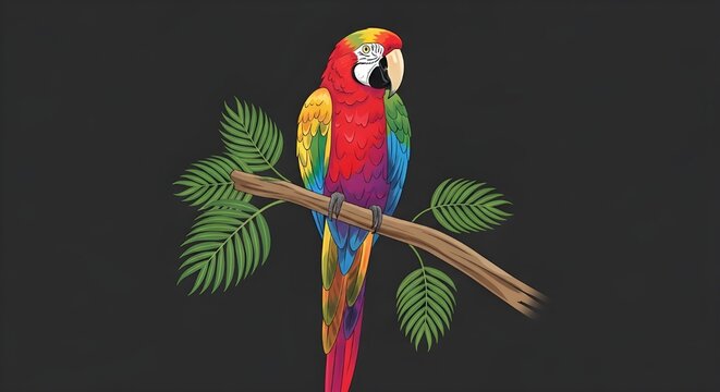 Colorful scarlet macaw parrot perched on a branch with lush green leaves against a plain dark background, displaying vibrant plumage, exotic bird, tropical rainforest fauna, aviary creature, wild anim