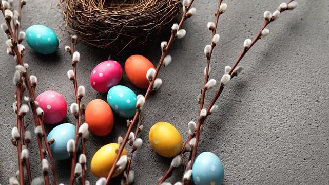 Decorated eggs and pussy willow branches arranged on a textured surface for a festive spring holiday