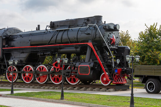 An old soviet steam locomotive in a garden and park complex in Nazran