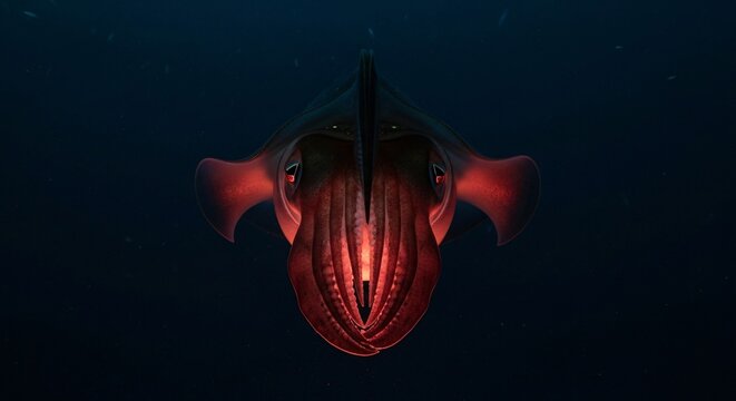 A large vampire squid swims through the deep dark ocean waters hunting for prey while glowing with a bioluminescent aura that illuminates the surrounding marine environment in the silent abyss