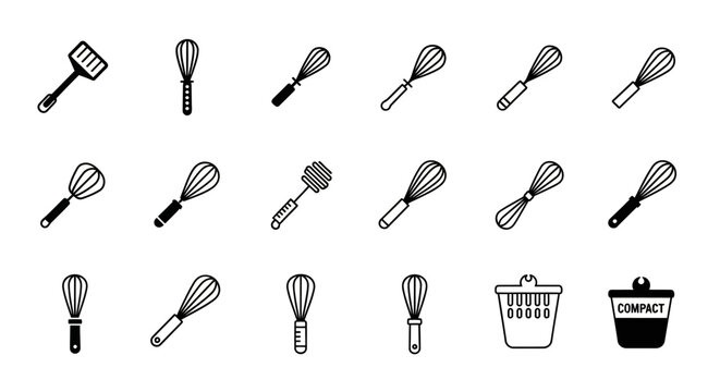 Collection of Kitchen Utensils: Whisks, Spatula, and Baskets - Vector Icons