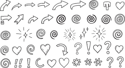 Naklejka premium Hand-Drawn Arrows, Swirls, Hearts, and Symbols Set for Decorative, Creative, and Graphic Design Projects
