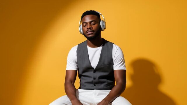 Young African American man in headphones sitting on a stool against a vibrant yellow background, enjoying music and relaxation.