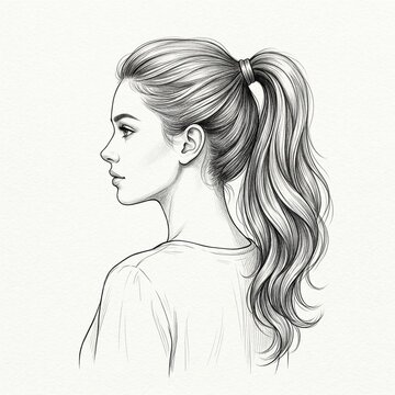Exquisite detailed pencil sketch of a beautiful young woman in elegant profile showcasing a stylish high wavy ponytail hairstyle illustration.