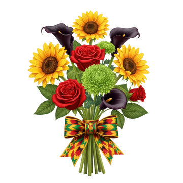 A vibrant floral bouquet featuring sunflowers red roses calla lilies and green hydrangea blooms