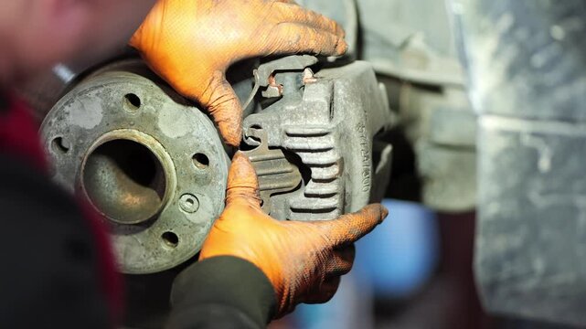 A close-up video shows a mechanic wearing orange gloves servicing a car&rsquo;s front brake system, carefully positioning the brake caliper over the disc and applying lubricant to ensure smooth 