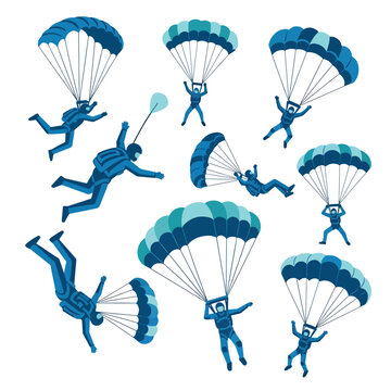 Dynamic Skydiving Adventure Vector Illustration with Multiple Parachutists in Mid-Air