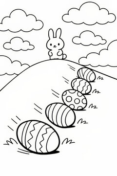 Easter eggs rolling down hill with bunny coloring page outline illustration