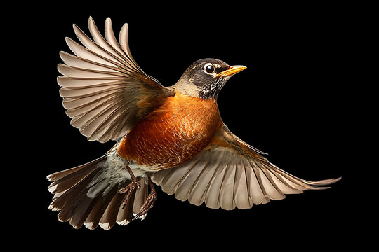 Flying robin, orange bird, wings spread, black background, American robin