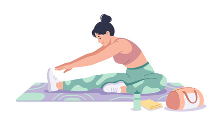 Obraz premium Woman stretching on yoga mat with gym bag.