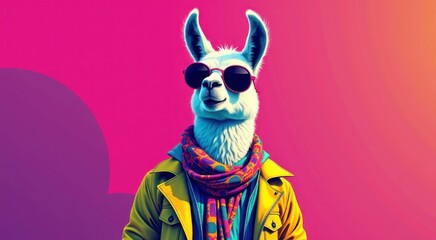 Fototapeta premium Llama wearing sunglasses and a scarf on a pink background animal background