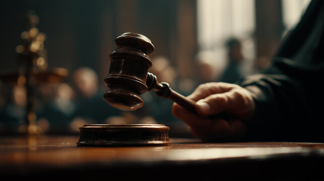 Corporate Penalties: Gavel slam captured in low-light, symbolizing major corporate law consequences, Generative AI