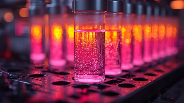 Illuminated glass tubes with liquid in a lab.