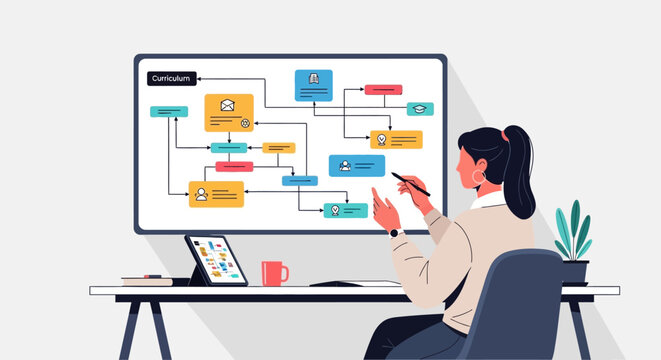 Woman presenting complex flowchart on large screen.
