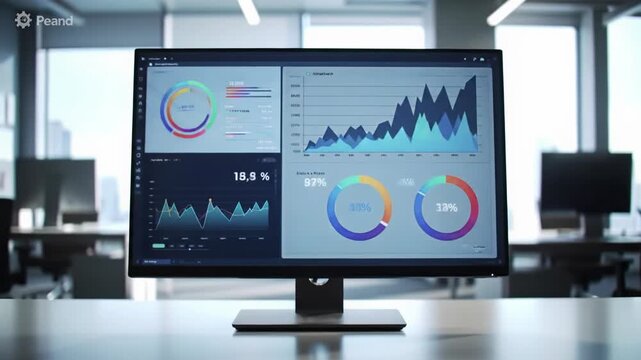 Vibrant analog static glitches on an ecu screen, transitioning via a digital wipe and dolly video to a sleek monitor displaying luminous data visualizations in a modern office. Concept of advanced