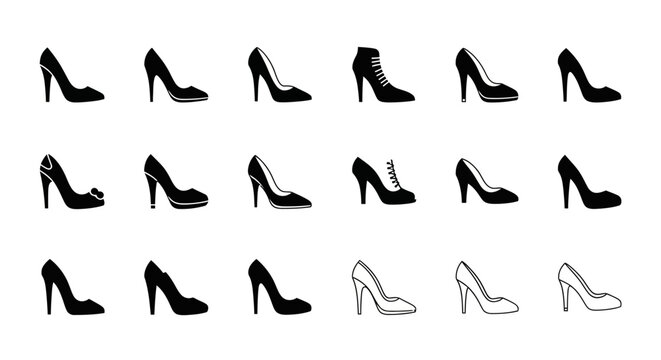 Collection of elegant high heel shoes, fashion footwear icons, vector set