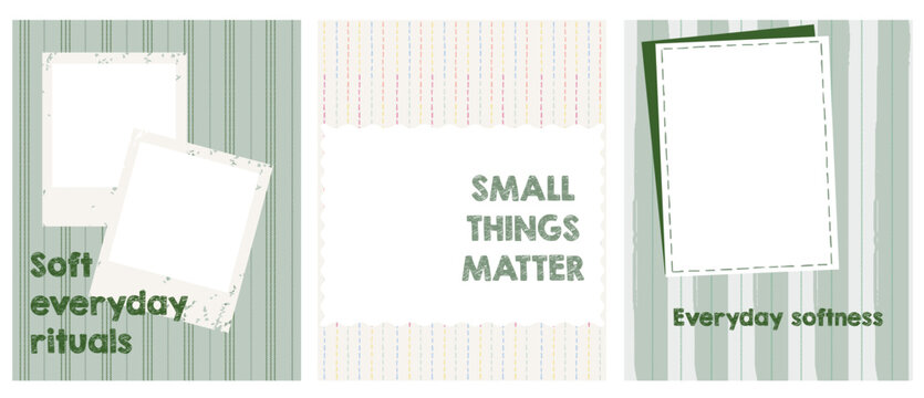 Instagram post template set with stitched frames and pastel striped backgrounds minimal social media layout