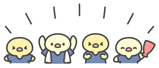 サッカー観戦でユニフォームを着て応援するひよこたちの手書きイラスト © Nitomaru