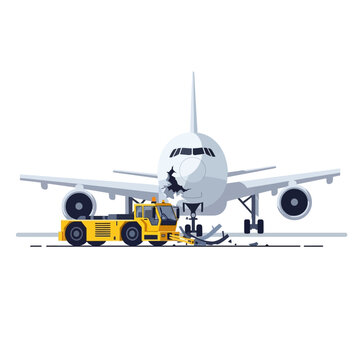airplane accident on the tarmac a yellow tow truck collision causing significant aircraft damage during an airport ground mishap.
