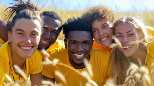 Friendly athletes in yellow outfits pose happily for a amidst wheat fields.
