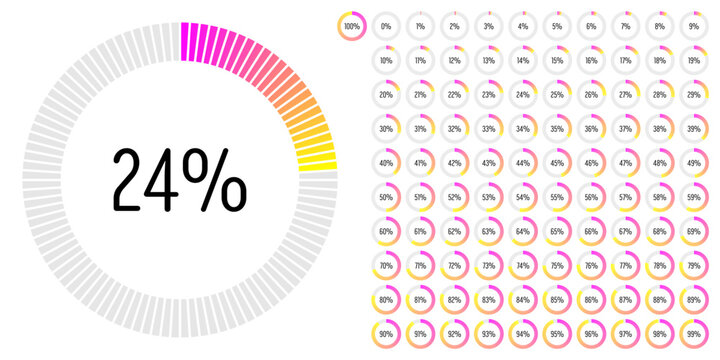 Set of circle percentage progress bar diagrams meters from 0 to 100 ready-to-use for web design, user interface UI or infographic - indicator with gradient from magenta hot pink to cyan blue