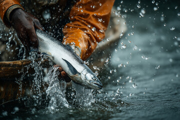 Fototapeta premium Fisherman pulling fresh fish from water with splash dynamic action fishing close up scene