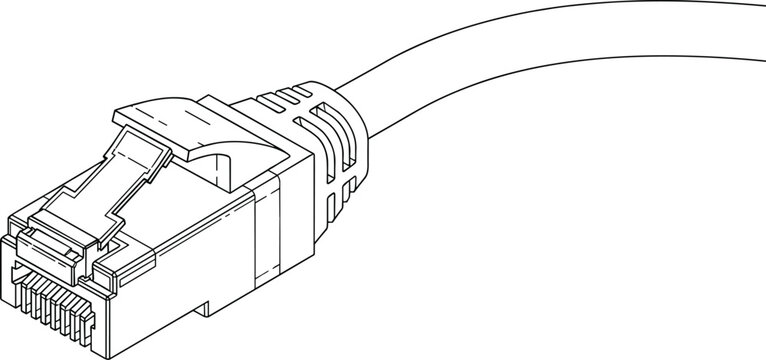 Network ethernet cable RJ45 connector line art illustration of high speed internet lan plug and patch cord for global telecommunications and computer data connectivity