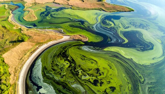 Aerial view of algae bloom in lake, mixed with dark water, by land edge