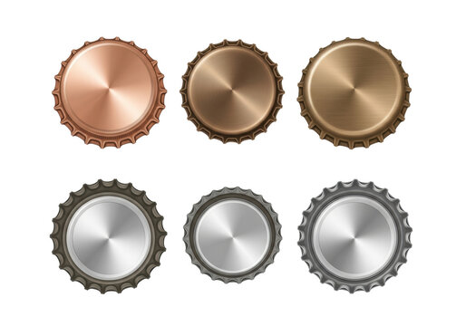 Six detailed vector metallic crown bottle caps in a 3x2 grid showing top and bottom views, isolated on white for copy space. Concept for technical packaging analysis