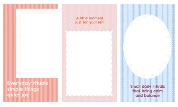 Set of editable Instagram story templates with vertical striped backgrounds and stitched frame elements. Includes photo placeholders and minimal layouts suitable for lifestyle, branding, and social