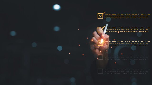 Checklist management concept with hand marking completed tasks on digital interface, represent workflow organization, task tracking, quality control, productivity, business process management.