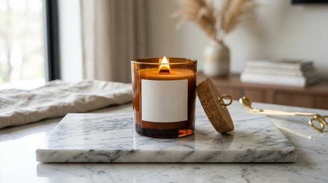 Amber glass candle with blank label on marble platform