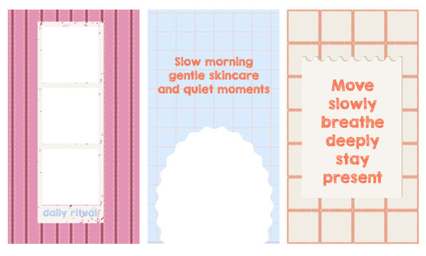 Set of editable Instagram story templates with vertical striped backgrounds and stitched frame elements. Includes photo placeholders and minimal layouts suitable for lifestyle, branding, and social