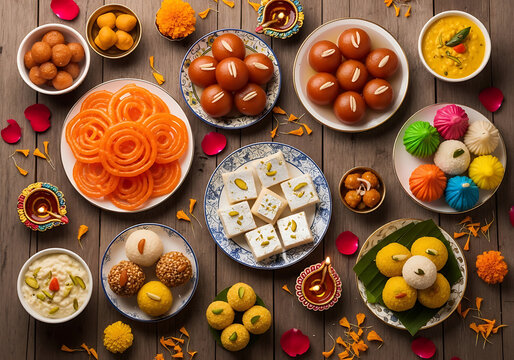 Traditional Indian sweets and desserts on a wooden table with flowers