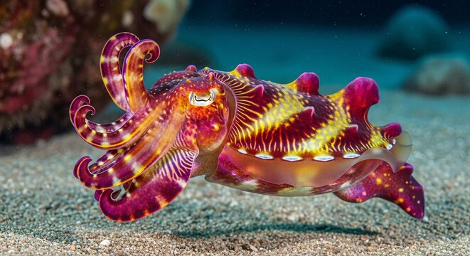 A vibrant flamboyant cuttlefish swims across the sandy ocean floor displaying bright yellow and deep purple patterns while hunting for food in its natural tropical habitat during the daylight