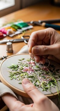 Hands embroidering flowers on fabric closeup.