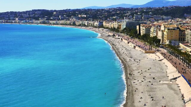 17.03.2026, Nice - France. View from Colline de Chateaux to the blue sea and the beach.