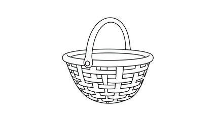 Obraz premium Simple line drawing illustration of a traditional empty woven wicker basket with a handle isolated on a plain white background.