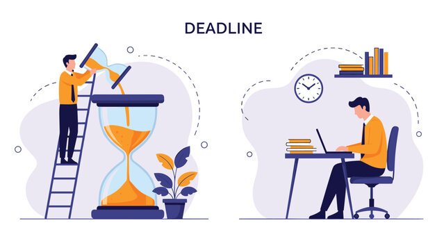 Business deadline concept with people working fast against time shown by a giant hourglass and a clock for project management efficiency.
