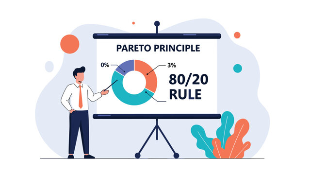 Professional speaker uses a pointer to explain the pareto principle and 80 20 rule on a presentation board in an office.