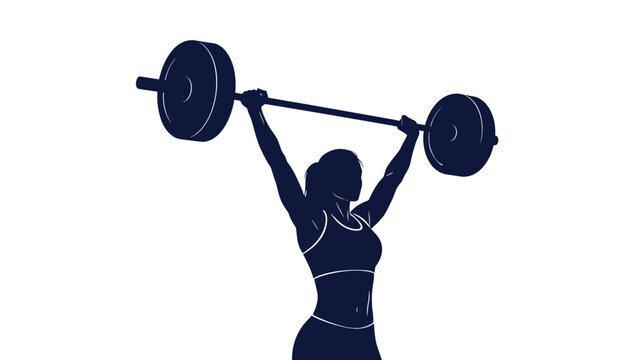 Silhouette of a strong woman weightlifter successfully lifts a heavy barbell over her head against a white background.