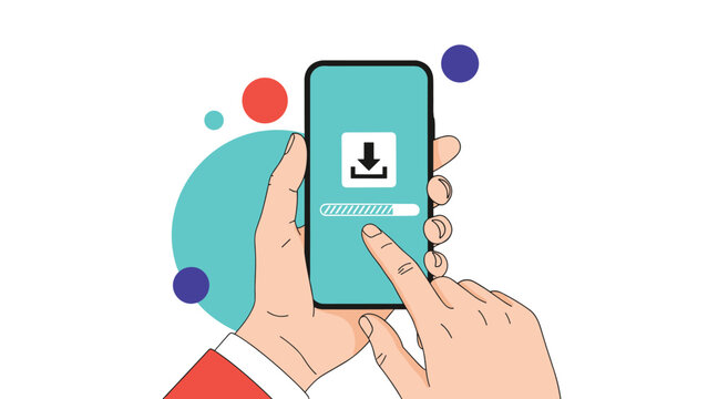 Hands holding a modern smartphone displaying a progress bar during a mobile application download against a colorful background.