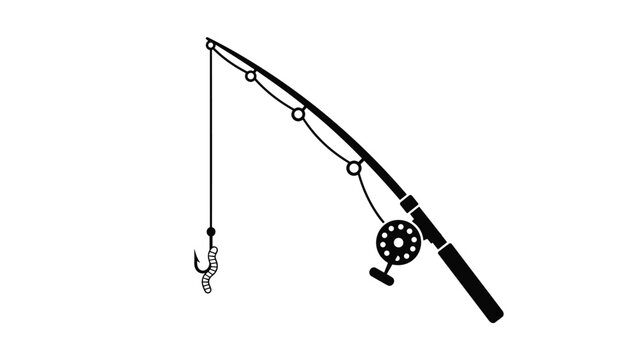 Simple illustration of a fishing rod with a reel and a line dangling a hook with a live worm bait on a white background.