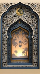 Fototapeta premium Islamic Arch Window with Moon and Palm Trees.