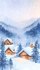 Fototapeta premium Snowy Mountain Cabins Watercolor Illustration Serene Winter Landscape Cozy Home Glow Warm Light Detail