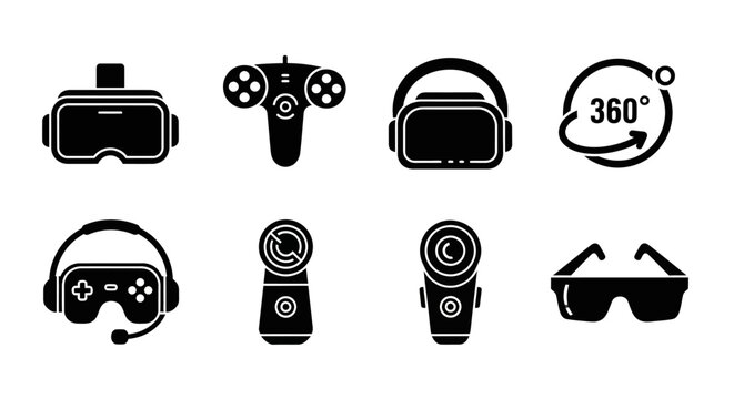 Virtual Reality Technology Icons: VR Headsets, Controllers, 360 Camera, Glasses