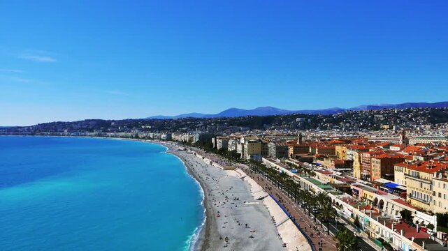 17.03.2026, Nice - France. View from Colline de Chateaux to the blue sea and the beach.