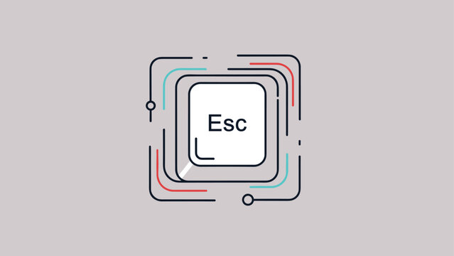 Stylized illustration of computer keyboard escape key surrounded by colorful geometric lines and abstract shapes on a gray background.