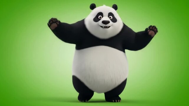Cute cartoon panda dancing happily on a green background.